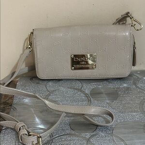 Bebe Taupe Crossbody Bag with Gold Accents